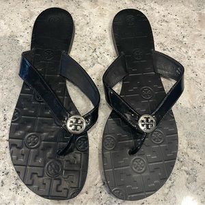 Tory Burch Embossed Black Leather Silver Logo Sandal
